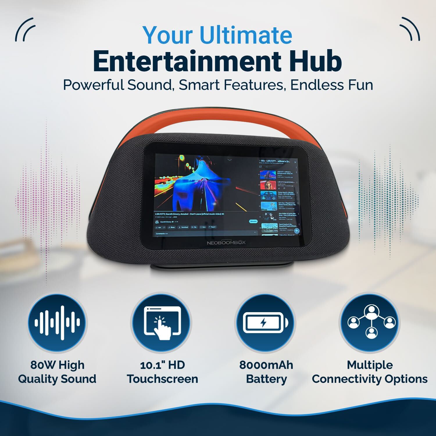 Smart Boombox Speaker with 10.1" Touchscreen, 80W Bass, Bluetooth 5.3, Android 13, HDMI & Guitar Input - Portable Speaker for Camping, Parties & Outdoor with Mic Support & 8000mAh Battery