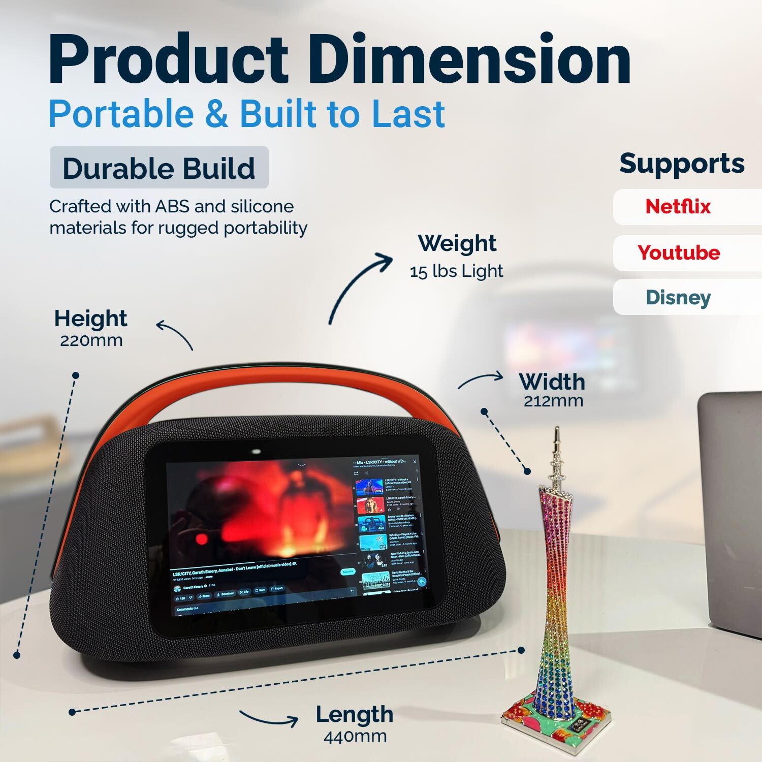 Smart Boombox Speaker with 10.1" Touchscreen, 80W Bass, Bluetooth 5.3, Android 13, HDMI & Guitar Input - Portable Speaker for Camping, Parties & Outdoor with Mic Support & 8000mAh Battery