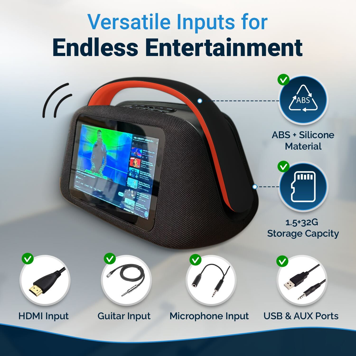 Smart Boombox Speaker with 10.1" Touchscreen, 80W Bass, Bluetooth 5.3, Android 13, HDMI & Guitar Input - Portable Speaker for Camping, Parties & Outdoor with Mic Support & 8000mAh Battery