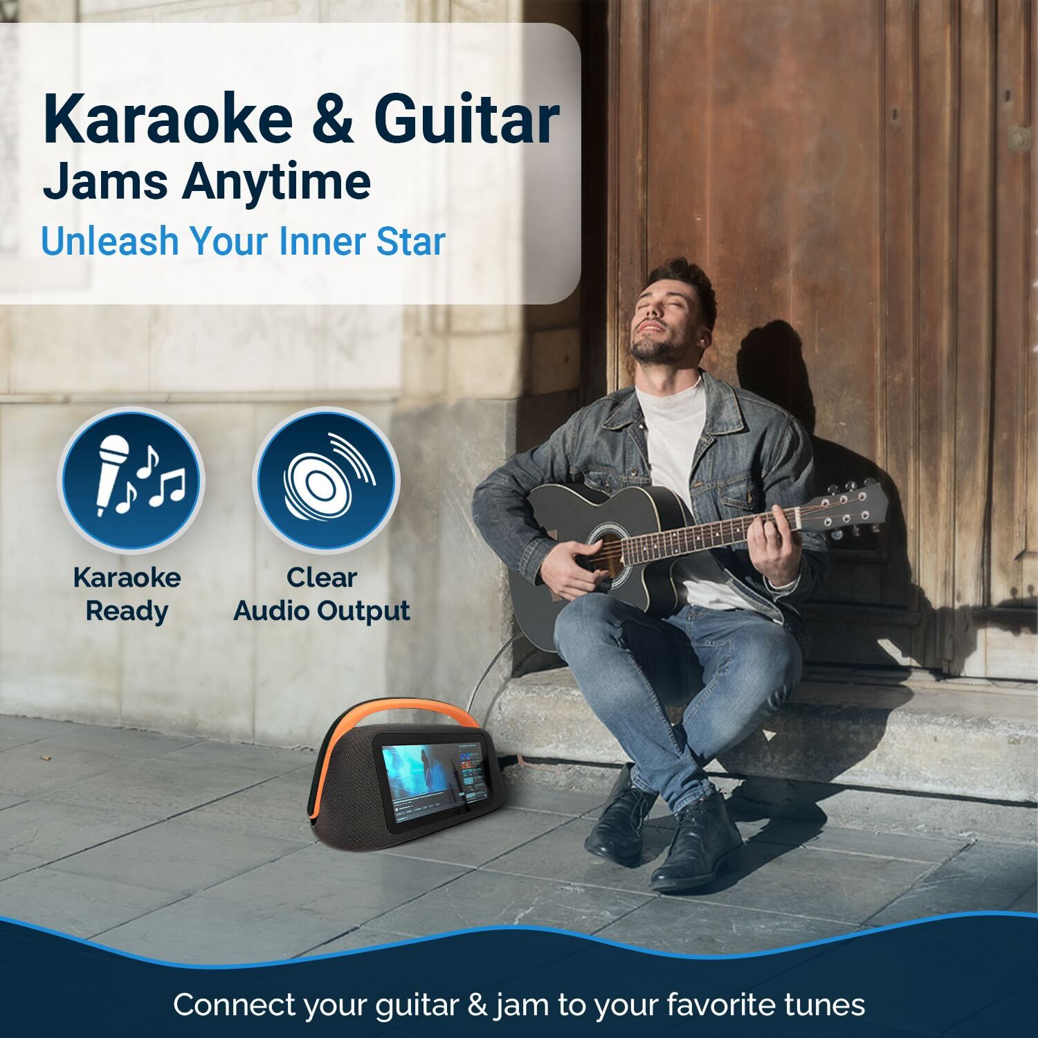 Smart Boombox Speaker with 10.1" Touchscreen, 80W Bass, Bluetooth 5.3, Android 13, HDMI & Guitar Input - Portable Speaker for Camping, Parties & Outdoor with Mic Support & 8000mAh Battery