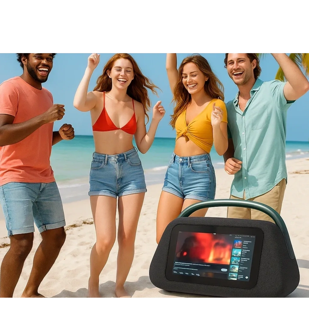 Smart Boombox Speaker with 10.1" Touchscreen, 80W Bass, Bluetooth 5.3, Android 13, HDMI & Guitar Input - Portable Speaker for Camping, Parties & Outdoor with Mic Support & 8000mAh Battery