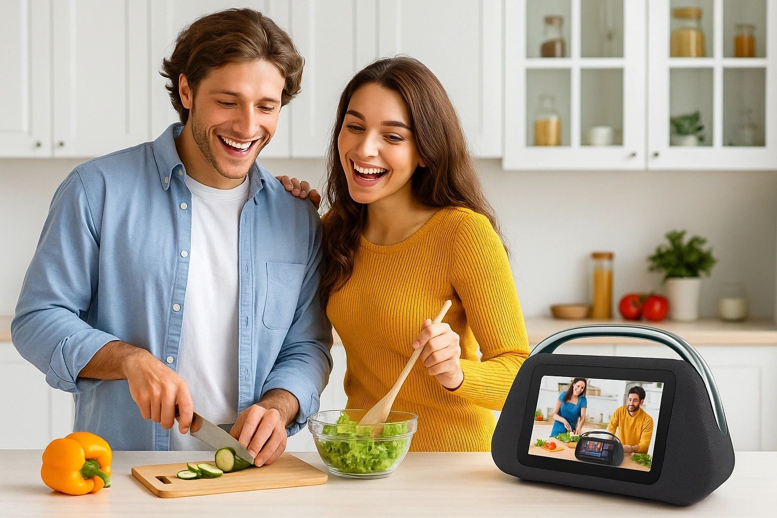 Smart Boombox Speaker with 10.1" Touchscreen, 80W Bass, Bluetooth 5.3, Android 13, HDMI & Guitar Input - Portable Speaker for Camping, Parties & Outdoor with Mic Support & 8000mAh Battery