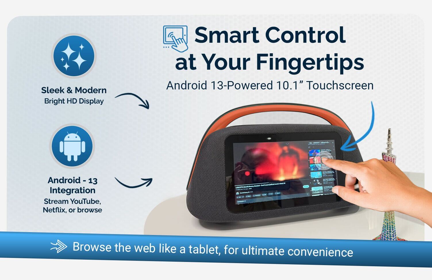 Smart Boombox Speaker with 10.1" Touchscreen, 80W Bass, Bluetooth 5.3, Android 13, HDMI & Guitar Input - Portable Speaker for Camping, Parties & Outdoor with Mic Support & 8000mAh Battery