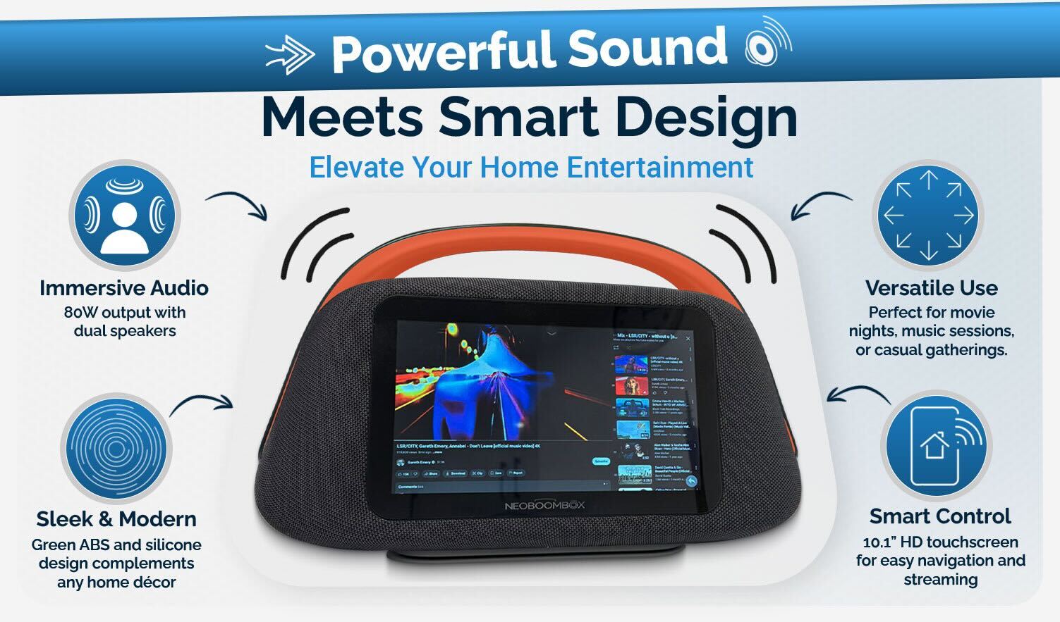 Smart Boombox Speaker with 10.1" Touchscreen, 80W Bass, Bluetooth 5.3, Android 13, HDMI & Guitar Input - Portable Speaker for Camping, Parties & Outdoor with Mic Support & 8000mAh Battery