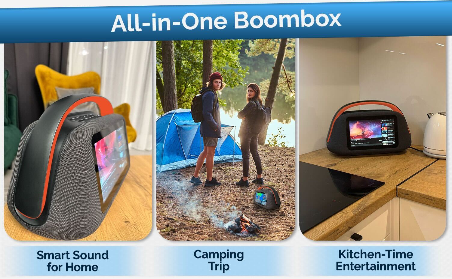 Smart Boombox Speaker with 10.1" Touchscreen, 80W Bass, Bluetooth 5.3, Android 13, HDMI & Guitar Input - Portable Speaker for Camping, Parties & Outdoor with Mic Support & 8000mAh Battery